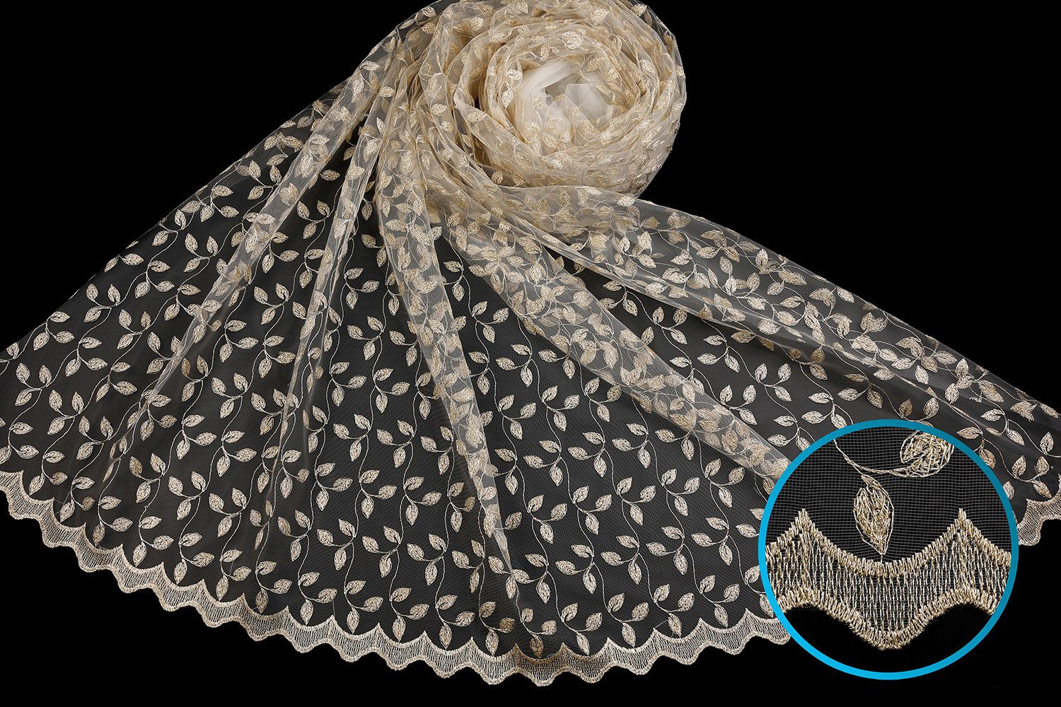 FIRANA HAFTOWANA NIKA/280 kol.DM95 wzór haftowany  złotą metalizowaną przędzą FIRANA HAFTOWANA NIKA/280 kol.DM95 wzór haftowany  złotą metalizowaną przędzą